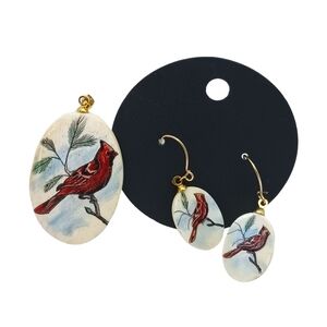 VINTAGE Pendant & Earrings Set Cardinals Womens Jewelry Bird